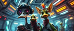 portrait of researcher slender alien rich kobold hill billy fluffy captain pilot focus gremlin cyber punk with two crew members, in sci fi air ship waiting hall, in future dynasty, depth of field, lights with rainbow aura, warrior ducks with bandana and attitude