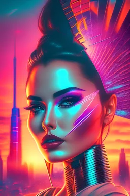 glamorous woman with a beautiful face holding a CHINESE paper fan up to the side of her face, hyperreal, Tron like city in background, sunset, cinematic cyberpunk synthwave