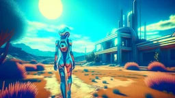 A slim woman in an open-faced space suit walking through an alien landscape towards a building, with strange alien buildings, strange surreal plants, photorealistic, Deep Colour, Intricate Detail, sunshine, blue sky