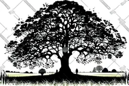 silhouette white background of beatuful scenic picture tree of life in meadow english countryside from a distance scenery painting