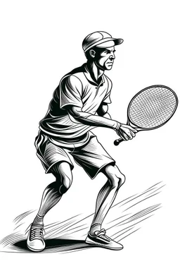 A black and white image of a classic tennis player performing a backhand swing on a grass court. Style: Vintage Photography, Mood: Timeless and Skillful, Lighting: Sunlight with soft shadows, T-shirt design graphic, vector, contour, white background.