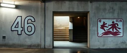 background of wall(wet textured concrete, gray, old, cracked, stained, 1 wall light) from underground parking, hong kong style, a large number "46" painted on left(old faded paint), at middle is an opening into an area with stairway(poorly lit), cyberpunk, to the right of opening is a faded painted rectangle