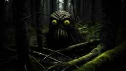 from the dark depths of the forest, in the distance, appeared a creepy creature with yellow eyes