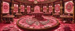 A pink magical casino with runes painted by Lucas van Leyden