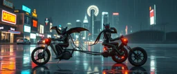 cyberpunk imagery synchronized mechanical gremlin rat bat drumming kit trike flickering stable core, wet reflective salt flat city