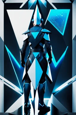 cyberpunk, neon blue, floating triangle of light behind the back, cyber armor, geometric patterns on an armor, male, orbiting triangle