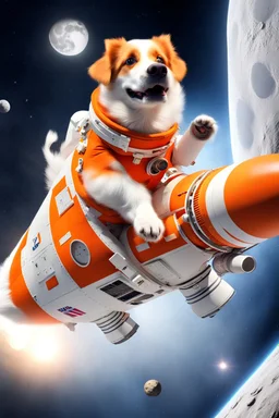 white and orange dog flies to the moon on top of the a rocket, writes "WE ARE GOING TO THE MOON!" on the rocket, in space, realistic, 4k, Cinematic,