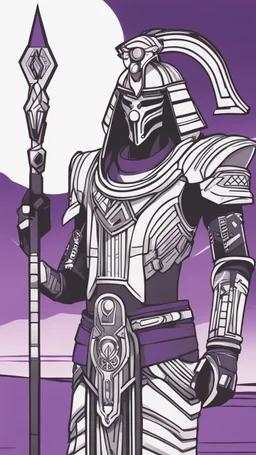 A close picture to Ramattra nemesis form egypt rob in overwatch art style with black and white color and neon purple details in the desert