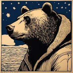 sideview of bear head, 70s comics style, block print with indigo ink on creamy paper texture, strong contrast