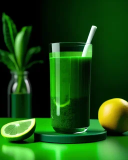 A glass filled with refreshing green juice made from ingredients like kale, spinach, cucumber, and lemon. Place a simple balance symbol, such as a scale tipping in equilibrium, in the background, leaving room for text alongside it.