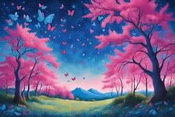 cielo stellato azzurro luminoso e chiaro con farfalle azzurre gialle e raggio luminoso verticale in paesaggio alberi rosa