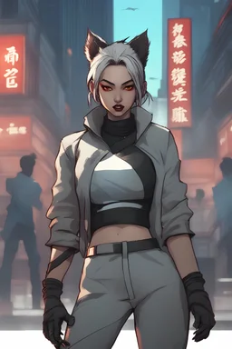 Female chinese as a werewolf in a outfit with chinese culture on it,futuristic, arcane style, metal gear style,night city style,king of fighters style,spideverse style,gorillaz style,street fighter 6 style