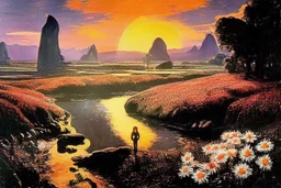 Beautiful epic sunset, logan's run 1976 movie influence, cosmic, people, rocks, holiday influence, river, flowers, very epic and philosophic, walter leistikow, alfred munnings, and hans am ende impressionism paintings