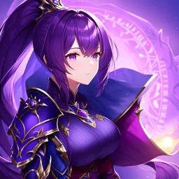 girl, masterpiece, best quality, cinematic lighting, detailed outfit, perfect eyes, purple hair, purple eyes, long hair, ponytail, in a fantasy world with armor-plated clothes, with a mystical background, glowing effects, with intricate patterns,