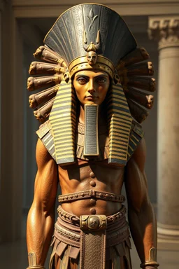 Create an image of an epic looking Egyptian warrior from a museum . Make it look like an old picture with lighting like a modern AAA fantasy RPG. Show the whole body.