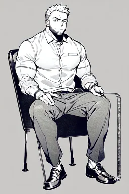 male character sitting on a plastic chair, line arts, greyscale