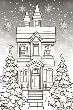 Outline art for cute Christmas coloring book pages.with a house with tree.white background sketch style full body only use outline no shadow sketch style.mandala style with clear and well clean outline