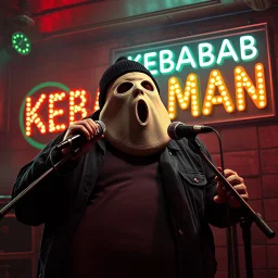 a very fat swedish man, with a mask with only a hole for the mouth, he is called "KEBAB MAN" performing at rock club, his name is "KEBAB MAN" kebab rolls On stage, kebab Neon lights and smog, and "KEBAB MAN" big sign on the wall, he singing with mic, text in swedish! no translate mr. stable ai, text in swedish! no translate mr. stable ai, text in swedish! no translate mr. stable ai