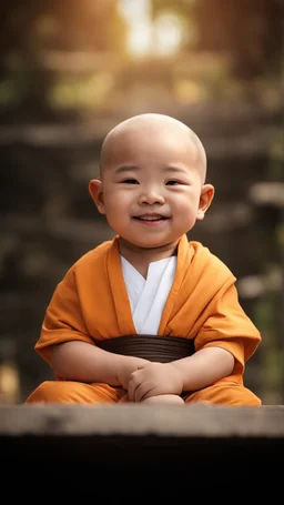 A 3-year-old monk boy with round cheeks, sitting, looking at the camera, light gray monk costume with white neckline, cute and cute, masterpiece, high quality, highly detailed.