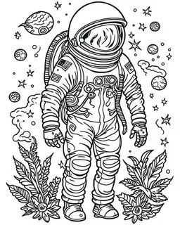 outline art for stoners coloring pages with A very simple and super minimal design featuring A cosmic coloring page featuring an astronaut floating in space surrounded by cannabis constellations., white background, sketch style, fully body, only use outline, cartoon style, clean line art, white background, no shadows and clear and well outlined