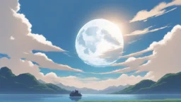 giant half transparent virtual moon, glitchy, blurry, mechanical, sci-fi, maximum quality, centered on frame, far view, in the middle of a grassy hill, white sky with cumulonimbus, manga, makoto shinkai style, blue sea