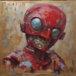 Tableau rouge, peinture au couteau, à l'huile feuilles d'or, robot