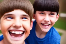 huge grin on a boy with a bowlcut