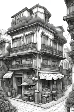 tokoy's corner, Line Drawing, A classic black-and-white line drawing style with intricate details and clean lines. The streets are depicted with precision, capturing the architectural diversity of tokoy's corner. The drawing will be realized as a traditional pen and ink illustration, with fine-tipped pens used for precise linework and shading