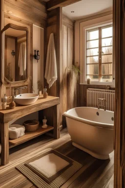 The exterior of bathroom with light warm color pallet and In the style of rustic furniture from different angles of the room