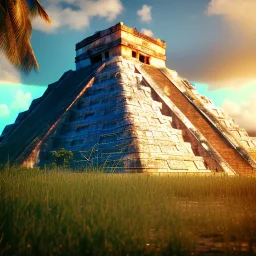 Chichen Itza, sunset, rainbow sunset, waterfall palms twigs spring sunset rainbow bridge birds unreal engine 5, realistic, hyper detailed, 8k