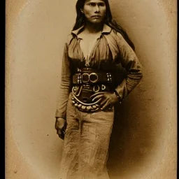 sepia close-up half-body shot of female mexican outlaw wearing a gunbelt on waist and rows of bullets across chest, long black wavy hair, beautiful face, 1800s, 8k, high-quality, ultra-fine detail,