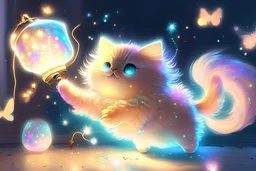 cute chibi fluffy beige bioluminescent cat playing with colorful flying stars dynamic movements next to a glowing tiffany lamp in a modern room