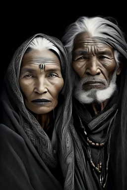 a photo of an Berber man and woman with ethnic jewelry, grey hair and grey flowing robe, in style of Annie Leibovitz, contemporary portrait of a mature yet beautiful and modernist, black and grey, detailed face, swirling fluid smokey enigma, award-winning artwork