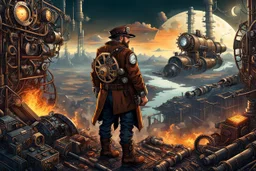 Illustration of a Steampunk Explorer in a Post-Apocalyptic Atmosphere. The condition of being surrounded by machine parts. Mechanical UI And Post Apocalyptic Landscape, Surreal Steampunk Art Style, Reality,. Isometric Asset Style,. Super Details,. Cinematic. Very Focused. HyperRealistic