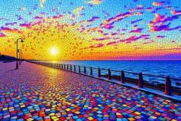 create a digital mosaic landscape of a seafront walkway, beach promenade paved with multicolor mosaic stones, rising sun made of glowing tessellated fragments, sky composed of abstract colorful stained glass patterns, serene and artistic sunrise vibe --ar 3:2 --v 7 --style raw