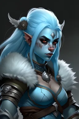 Female. Ice blue hair.Half giant. Barbarian