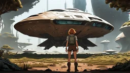 A skinny 50-year-old woman standing, hands on hips, in brown shorts, a shirt, and boots, standing next to a large, sleek cargo spaceship, sitting in a clearing, in a derelict alien city with trees and fungi in clumps.