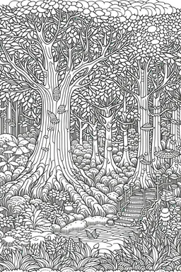 Enchanting forest with magical creatures, towering trees, and hidden pathways. Imagine a world where fairies, unicorns, and friendly woodland animals coexist. Coloring Page