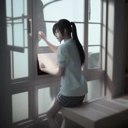 female student studying by the window, anime style,perfect face, cool face, unreal engine 5, cinema4d, sun light, studio lighting --ar 1:1 --v 4