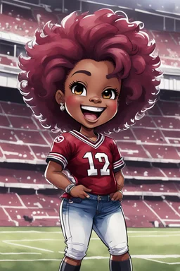 A sassy thick-lined watercolor cartoon image of a black chibi girl standing in front of a football stadium. She is wearing gamecocks jersey Garnet, black and white jersey blouse and tight white jeans behind her curvy body. Looking up coyly, she grins widely, showing sharp teeth. Her poofy hair forms a mane framing her confident, regal expression. Prominent makeup with hazel eyes. Hair is highly detailed.