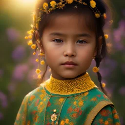 subtle indigenous child, beautiful portrait, flowery landscape, light, sun