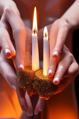 close up photography of female hands holding strong a very long burning wax candle, in a dark room, ambient occlusion, photorealistic