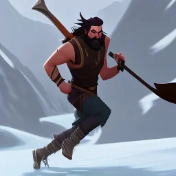 a male bearded fantasy hero running with an axe in the mountains