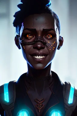 portrait,beautiful black woman smiling, white eyes, post-apocalyptic in a cyberpunk city, realistic, intriacte detail, sci-fi fantasy style, volumetric lighting, particales,highly detailed,cinamatic, deep colours,8k