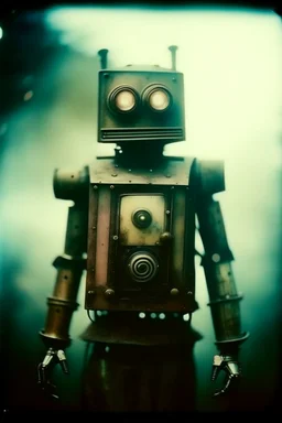 steampunk, vintage analog polaroid of a woman robot, female body, fog, lomography, heavy film grain, night, color bleed, depth of field, bokeh, retro