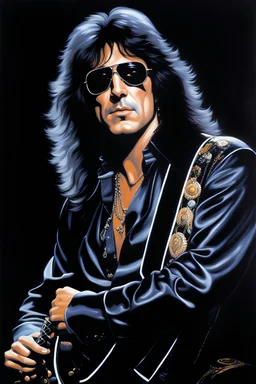 Head and shoulders image - oil painting by Scott Kendall - pitch Black solo record album with emerald glowing in tips of hair - 30-year-old Peter Criss (Drummer) with shoulder length, wavy, straight black and gray hair, with his face made up to look like a cat's face - in the art style of Boris Vallejo, Frank Frazetta, Julie bell, Caravaggio, Rembrandt, Michelangelo, Picasso, Gilbert Stuart, Gerald Brom, Thomas Kinkade, Neal Adams, Jim Lee, Sanjulian, Thomas Kinkade, Jim Lee, Alex Ross,