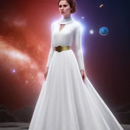 model shoot style, digital art zoomed out portrait of (Princess Leia) ((dressed in white and off white gown)), surrounded by 100 planets, ultra-detailed, ultra quality, illustration, eerie atmosphere, 8k, cinematic lighting