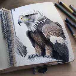 drawing in a sketch book of a realistic eagle.