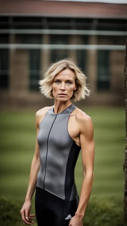 photography of a beautiful anorexic woman, grey satin triathlon top, sports illustrated, blond short wavy bob haircut, pronounced sternum, flat chest, anthracite cycling leggins