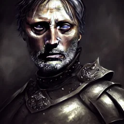 old Mads Mikkelsen in armor by greg rutkowskiб close up film photo, unreal engine, octane render, trending on artstation, highly detailed, studio lighting, professional, professional ominous concept art, by artgerm and greg rutkowski, an intricate, elegant, highly detailed digital painting, concept art, smooth, sharp focus, illustration, in the style of simon stalenhag, wayne barlowe, and igor kieryluk.